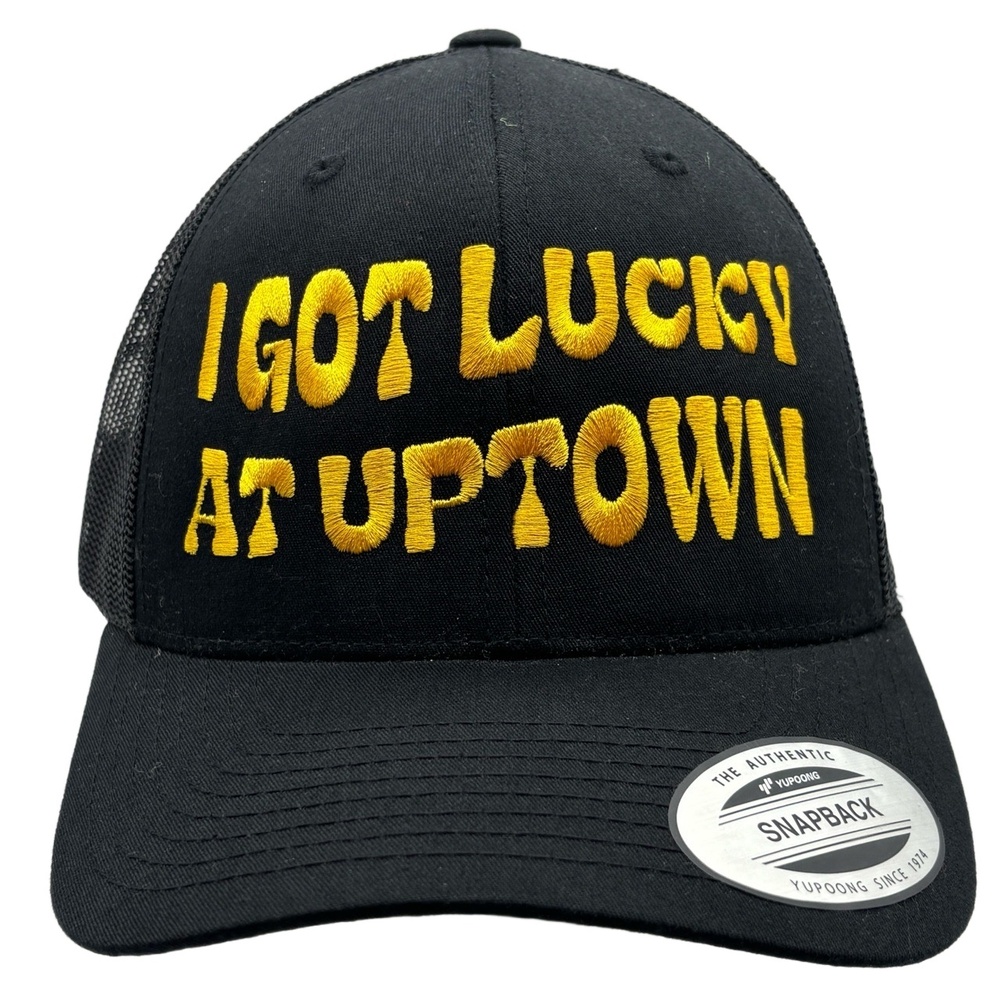 I Got Lucky At Uptown Trucker Hat Black Yellow Embroidered Snapback Cap Yupoong